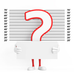 Aufkleber - Question Mark Sign Cartoon Character Person Mascot with Identification Plate in front of Police Lineup or Mugshot Background. 3d Rendering