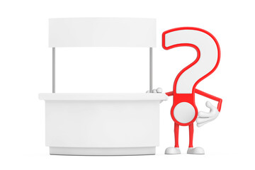 Poster - Question Mark Sign Cartoon Character Person Mascot near Blank Promotion Stand with Free Space for Your Design. 3d Rendering