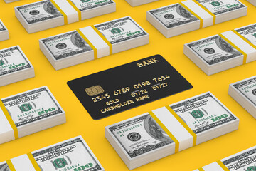 Aufkleber - Rows of Isometric Stack One Hundred Dollar Bills with Black Plastic Golden Credit Card with Chip. 3d Rendering