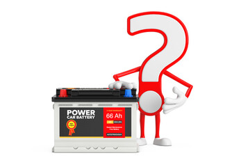 Aufkleber - Question Mark Sign Cartoon Character Person Mascot and Rechargeable Car Battery 12V Accumulator with Abstract Label. 3d Rendering