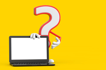Aufkleber - Question Mark Sign Cartoon Character Person Mascot with Modern Laptop Computer Notebook and Blank Screen for Your Design. 3d Rendering