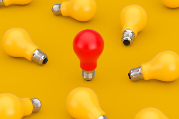 Aufkleber - Idea Concept. One Red Light Bulb in Heap of Yellow Light Bulb. 3d Rendering