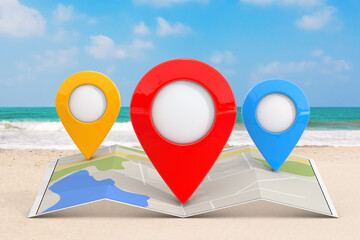 Aufkleber - Folded Abstract Navigation Map with Three Target Map Pointer Pins on an Ocean or Sea Beach. 3d Rendering