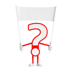 Poster - Question Mark Sign Cartoon Character Person Mascot and Empty White Blank Banner with Free Space for Your Design. 3d Rendering