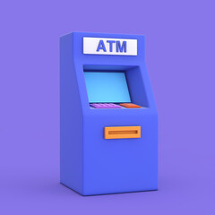 Poster - Business Technology Concept. Blue Cartoon Style ATM Deposit Machine. 3d Rendering