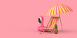 Cartoon Beach Chair, Swimming Pool Inflantable Rubber Pink Flamingo Toy, Beach Umbrella, Beach Flip Flops Sandals and Fresh Ripe Tropical Healthy Nutrition Pineapple Fruit. 3d Rendering