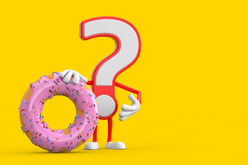 Aufkleber - Question Mark Sign Cartoon Character Person Mascot with Big Strawberry Pink Glazed Donut. 3d Rendering