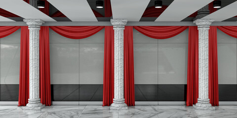 Poster - Palace or Museum Marble Hallway with Pillars, Red Curtains and Walls with Free Space for Your Design. 3d Rendering