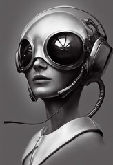 Wall Mural - Realistic portrait of a sci-fi steampunk girl in a cyber helmet. High-tech retro man from the vintage future. The concept of virtual reality and steampunk. 3D render.