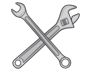 Two metal open-ended and adjustable wrenches isolated on white background white background. Repair tool. Vector illustration