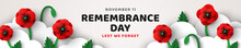 Remembrance Day Header, Voucher Template, Memorial Anzac Card Flyer, Paper Cut Poppy Flowers In Clouds, Border Frame. Vector Illustration. Craft Spring Design, Posters Brochures. Place For Text