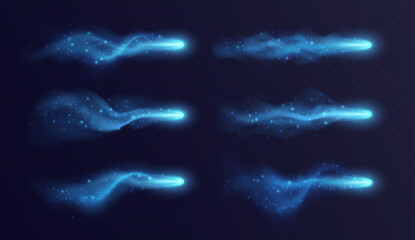 Blue light trail, magic stardust with haze and sparkles, realistic fantasy game vfx effects collection, spell blast in motion isolated on dark background. Vector illustration.