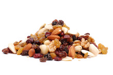 Mix Of Nuts And Dry Fruits Isolated On A White Transparent Background, Almonds, Walnuts, Hazelnuts And Raisons On A Pile, Healthy Food