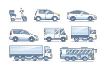 Cars Set With Various Size, Shape And Type Transportation Outline Collection. Vehicle Models With Delivery Scooters And Sedans Vector Illustration. Cargo And Passenger Rides With Trucks And Buses.