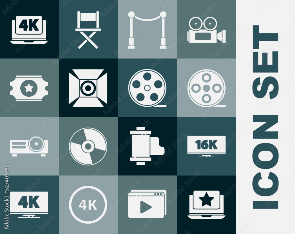 Set Laptop with star, Screen tv 16k, Film reel, Carpet barriers, Movie ...