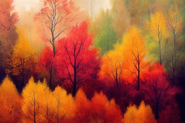 Wall Mural - Color full Idyllic landscape in autumn with forest and sun, 3d illustration.