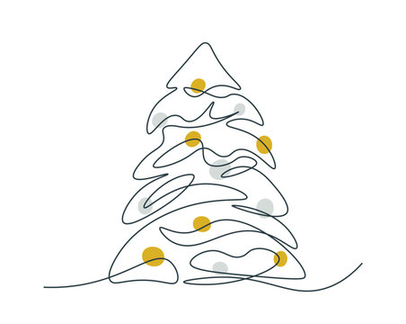 Single line drawing of Christmas tree. Christmas or New Year illustration by continuous line. Outline drawing of Christmas tree with colored balls. Fir tree in one line in minimalistic style.