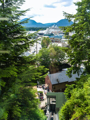 Poster - Scenic view from above Creek Street through luxuriant vegetation across town to port with cruise ship and distant mountains.