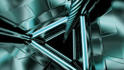 Aufkleber - Triangular metal dark tunnel with hanging thick metal cable. Design. Spinning fractal shapes.