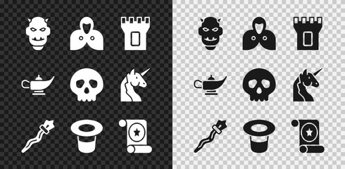 Wall Mural - Set Mask of the devil with horns, Mantle, cloak, cape, Castle tower, Magic staff, hat, scroll, lamp Aladdin and Skull icon. Vector