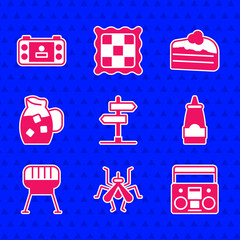 Set Road traffic sign, Mosquito, Home stereo with two speakers, Sauce bottle, Barbecue grill, Jug glass water, Piece of cake and Portable video game console icon. Vector