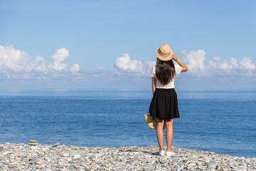 Poster - Tourist woman go Manbo stone beach in Hualien