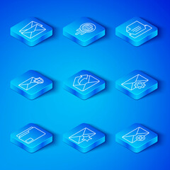 Poster - Set line Document folder, Outgoing mail, Envelope with star, setting, Drawer document, shield, and Delete envelope icon. Vector
