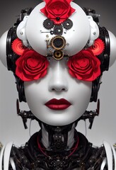 Portrait of a Victorian steampunk female robot. Artistic abstract steampunk fantasy. Vintage robot with red roses. 3d rendering,