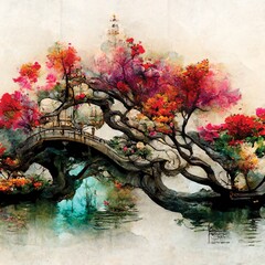 Wall Mural - Digital wall art of Japanese autumn garden with beautiful colorful trees and a lake