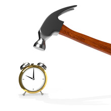 Hammer And Alarm Clock Isolated On White Background. 3D Rendering