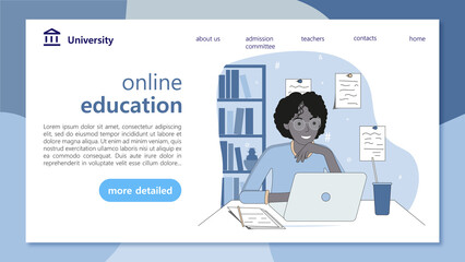 student education, first page of website for university, college, illustration with female student.