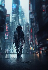Wall Mural - sci-fi cyberpunk in the rainy city of the future. high-tech futuristic man from the future. the conc