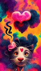 Sticker - Abstract surrealistic animal in love. Lots of colorful flowers, pink hearts, rainbows and multicolored smoke. Colorful wonderful dream abstraction.