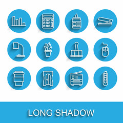Poster - Set line Coffee cup to go, Pencil sharpener, Pie chart infographic, Printer, Stationery knife, Plant pot, Computer mouse and Binder clip icon. Vector