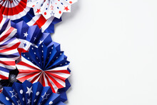 4th Of July Or Labor Day Banner Mockup. Paper Fans USA Isolated On White Background. Flat Lay, Top View, Copy Space.