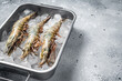 Raw Black tiger prawns shrimps on ice. Seafood. Gray background. Top view. Free copy space