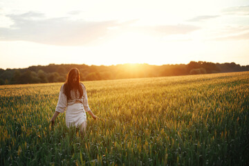 Wall Mural - Woman walking in wheat field in warm sunset light. Stylish young female in rustic dress holding wildflowers in hands and relaxing in evening summer countryside. Tranquil atmospheric moment