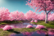 Beautiful Cherry Blossom, Sakura Tree Background, Japanese Spring Wallpaper, 3d Render, 3d Illustration