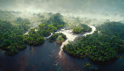 Canvas Print - Aerial view of tropical rainforest and river. Climate and nature concept landscape. 3D illustration.