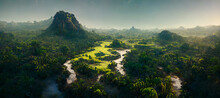Mesa In The Jungle Landscape Aerial View Wide View Digital Art Illustration Painting Hyper Realistic