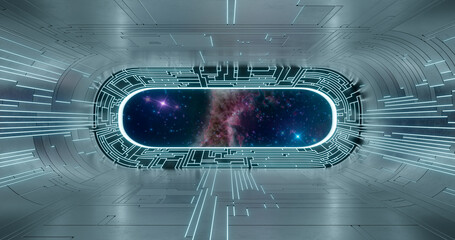 Wall Mural - 3d rendering. Futuristic sci-fi laboratory or spaceship corridor with neon light.