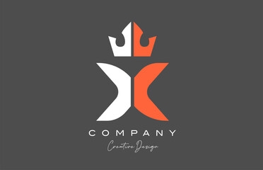 orange grey white X alphabet letter logo icon design. Creative king crown template for company and business