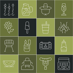 Wall Mural - Set line Home stereo with two speakers, Sauce bottle, Mosquito, Camping hat, Ice cream, Flower, Grilled shish kebab on skewer and Paper glass water icon. Vector