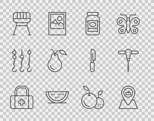 Wall Mural - Set line First aid kit, Picnic location, Jam jar, Watermelon, Barbecue grill, Pear, Fruit and Wine corkscrew icon. Vector