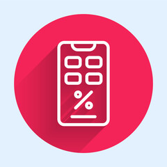 Poster - White line Percent discount and mobile phone icon isolated with long shadow. Sale percentage - price label, tag. Red circle button. Vector