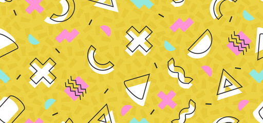 Wall Mural - background in the style of the 80s with multicolored geometric shapes on the yellow background. illu