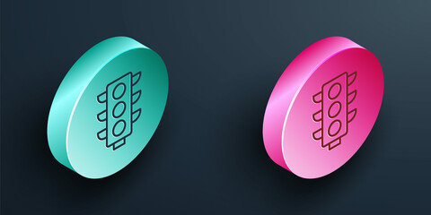 Wall Mural - Isometric line Traffic light icon isolated on black background. Turquoise and pink circle button. Vector