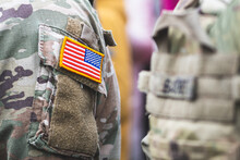 Flag Of United States Marine Corps, Usa Or Us Army, On A Soldier Uniform, Nato And America Alliance