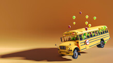 A Playful School Bus Full Of Balloons Ready For The Start Of The School Year, Ready For School And Back To School Concept, 3d Illustration, 3d Rendering