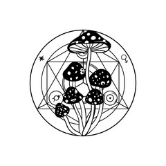 Magic mushrooms over esoteric symbol. Vector illustration . Geometric black and white sign. Outline icon for alchemy or sacred geometry. Mystic and magic design with alchemy symbols.